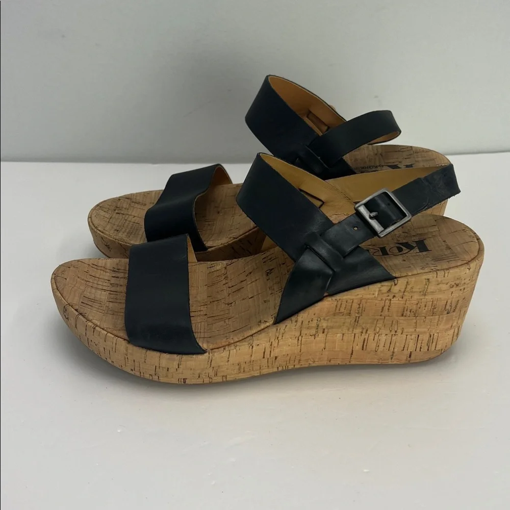 Kork Ease Austin Slingback Wedge Sandal Black Leather Womens 9 Closet Staple